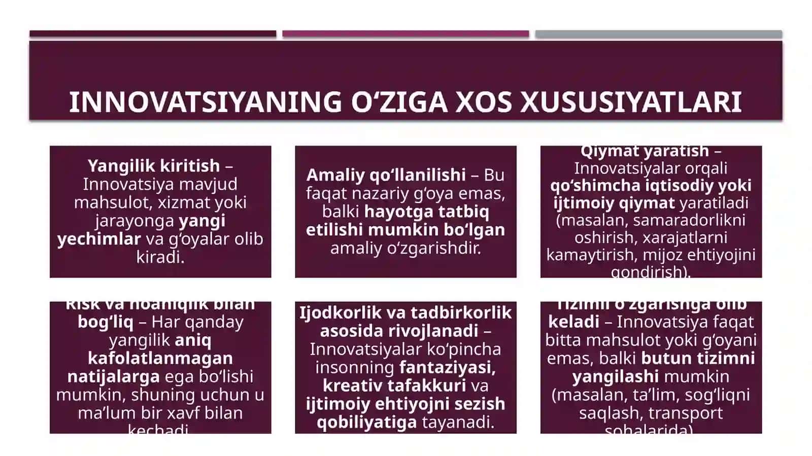 Innovatsiyaning tasnifi va o`ziga xos hususiyatlari 4