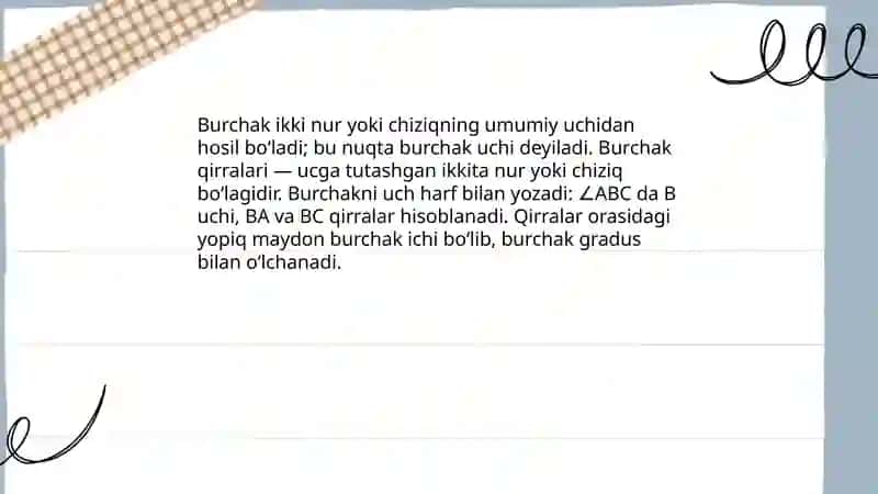 Burchak turlar.Yopiq burchak.Burchak graduslari 4