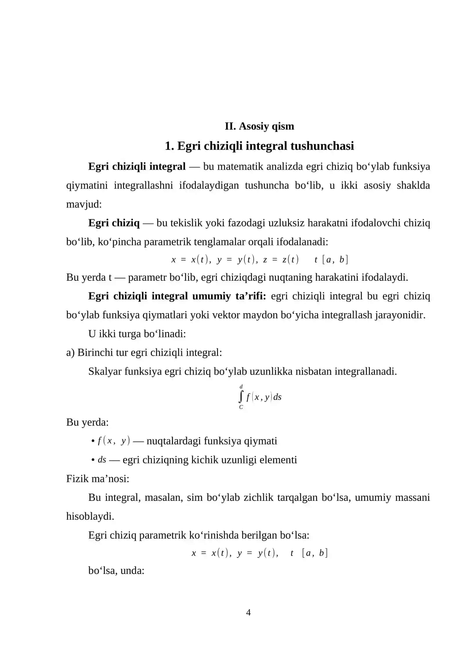 Birinchi va ikkinchi tur egri chiziqli integrallar 4