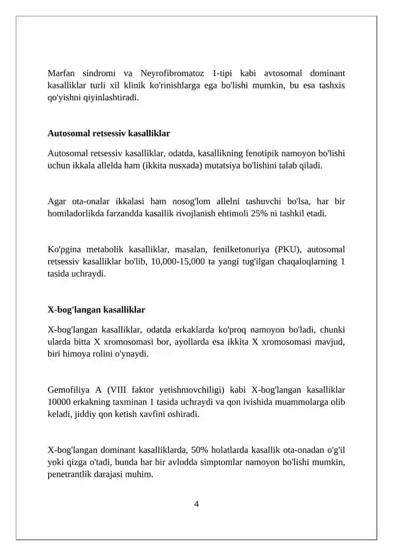 Irsiy kasalliklar. Xromasoma va gen kasalliklari. Tibbiy genetik maslahatlar 4