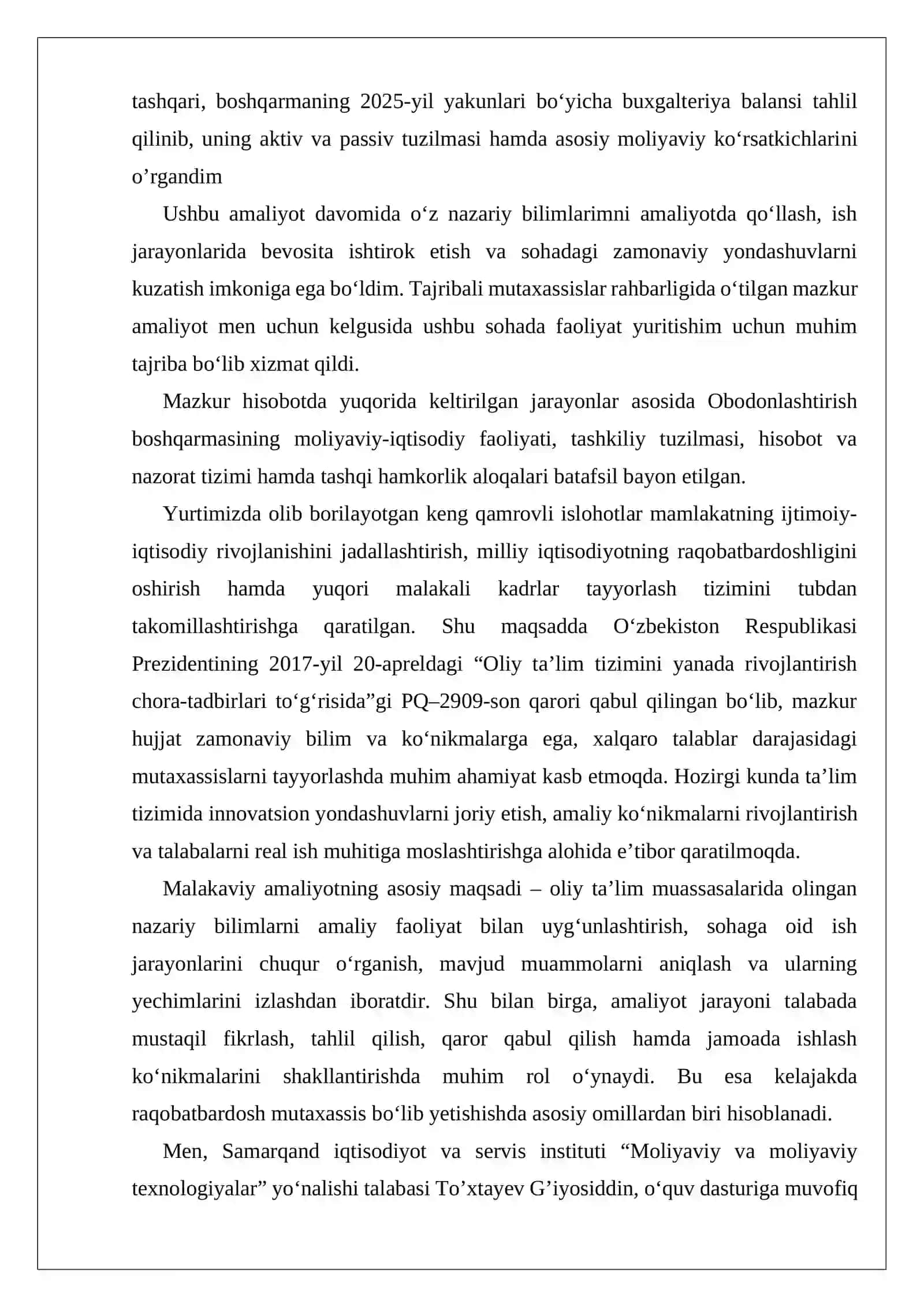 Malakaviy amaliyot o'tash bo'yicha hisoboti 4
