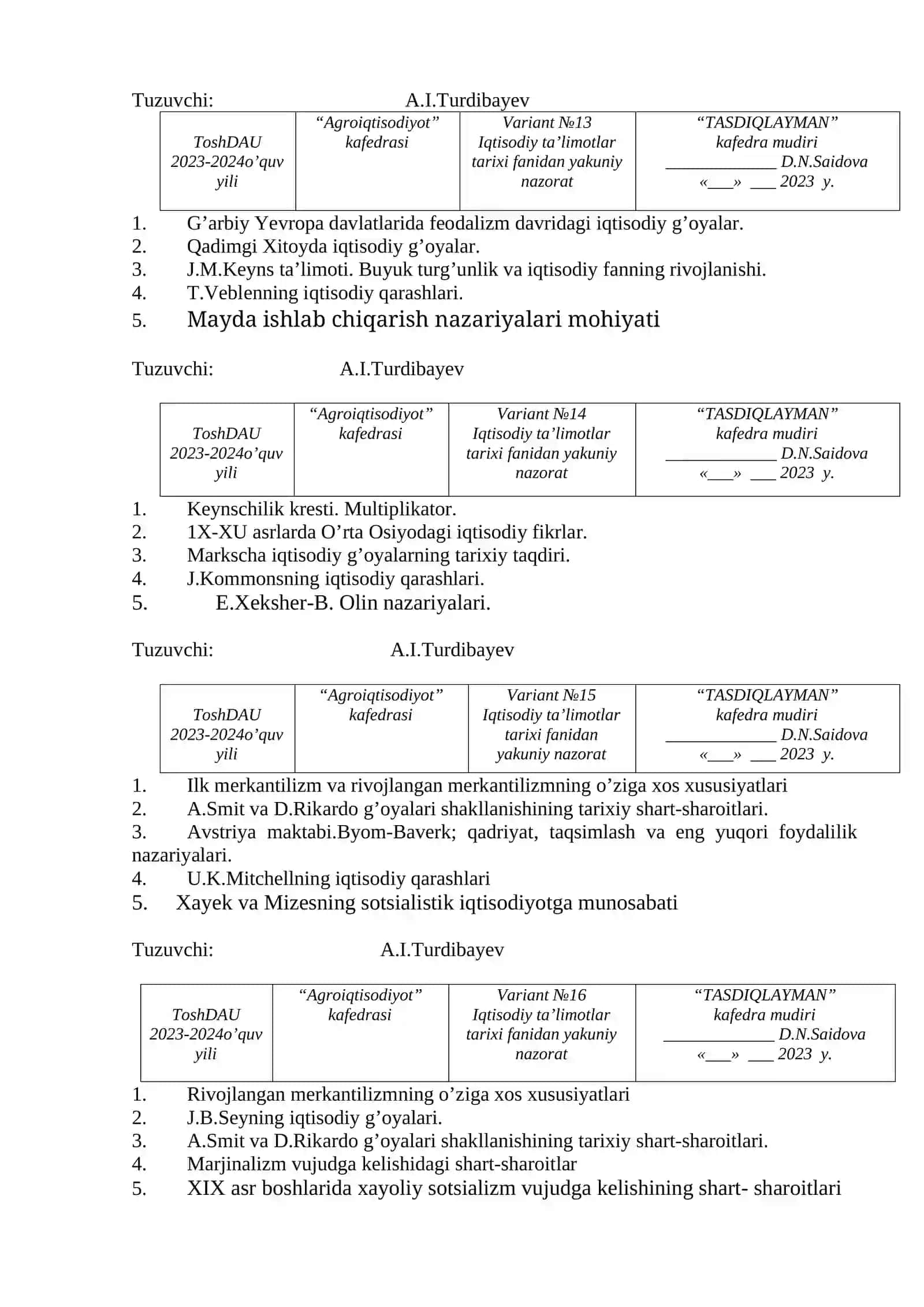 Iqtisodiy ta’limotlar tarixi nazorati 4