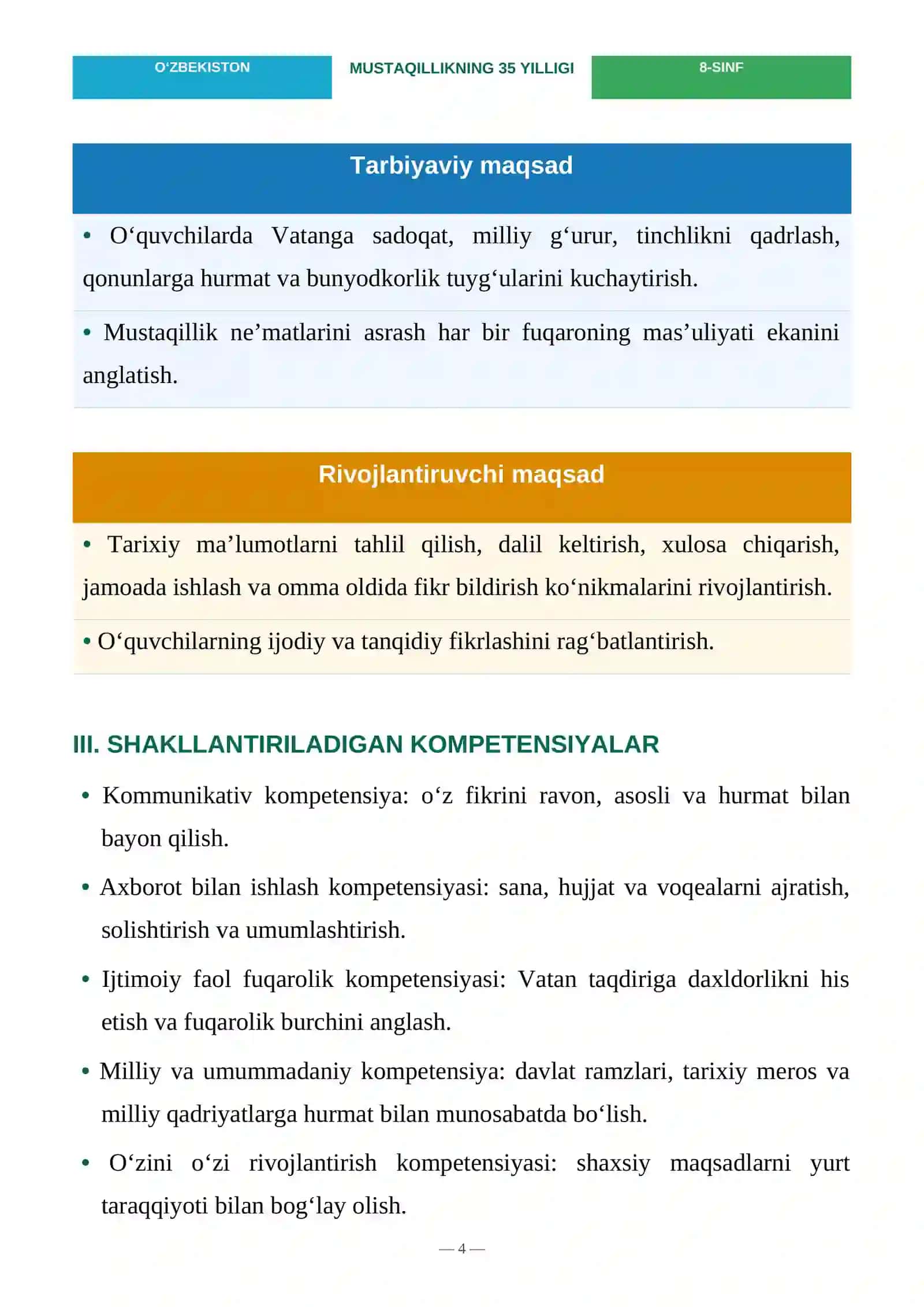 8-sinf Mustaqillikning 35 yilligiga bag‘ishlangan ochiq dars ishlanmasi — 2026 4