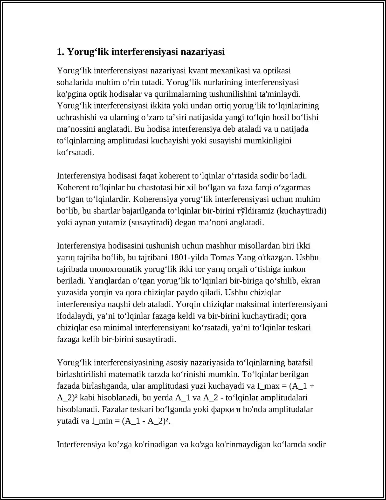 YORUGʻLIK INTERFENSIYASI VA DIFIAKSIYASI.GALOGRAFIYA 4