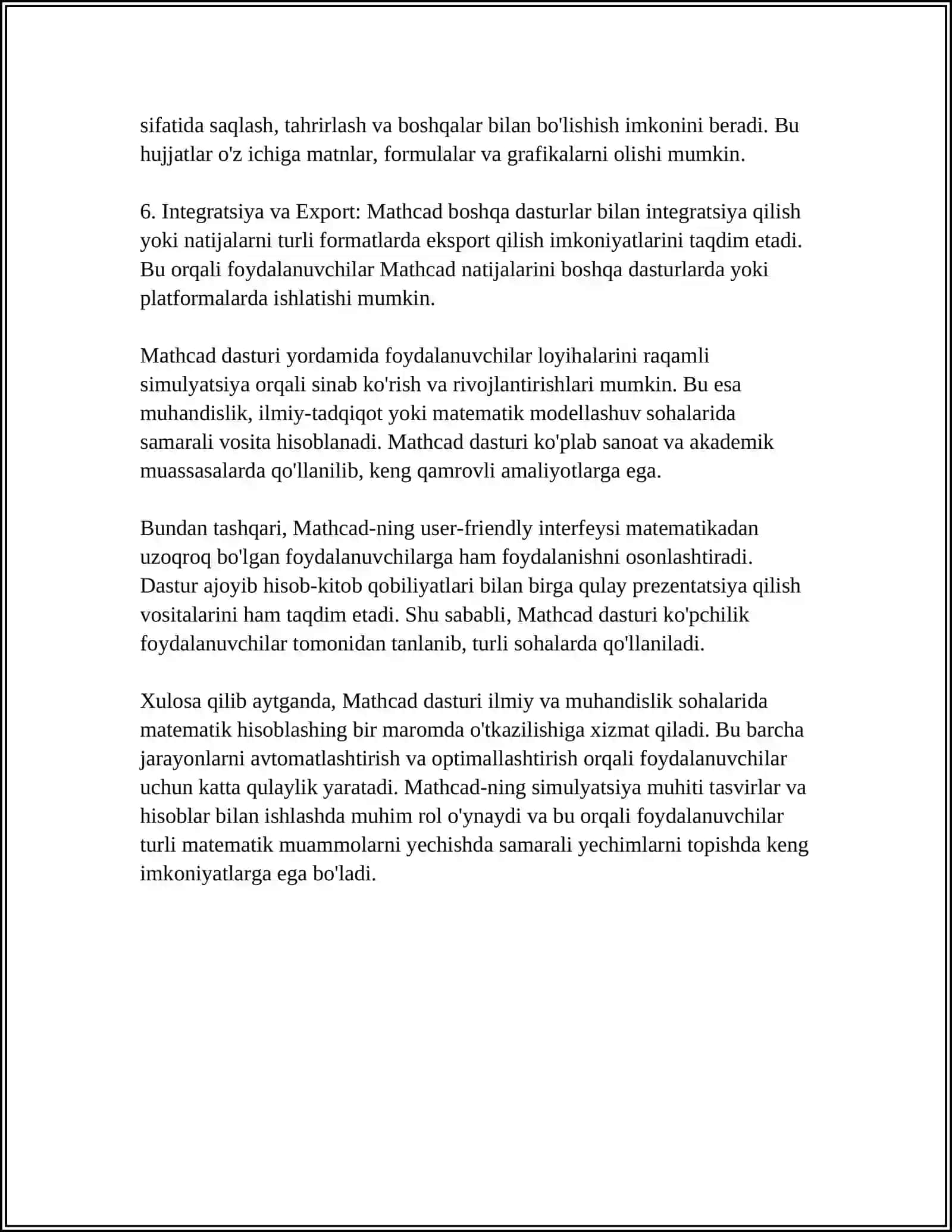 MUSTAQIL ISH Mavzu: MATHCAD SIMULIYATSI MUHITI HAQIDA TUSHUNCHA BERING 4