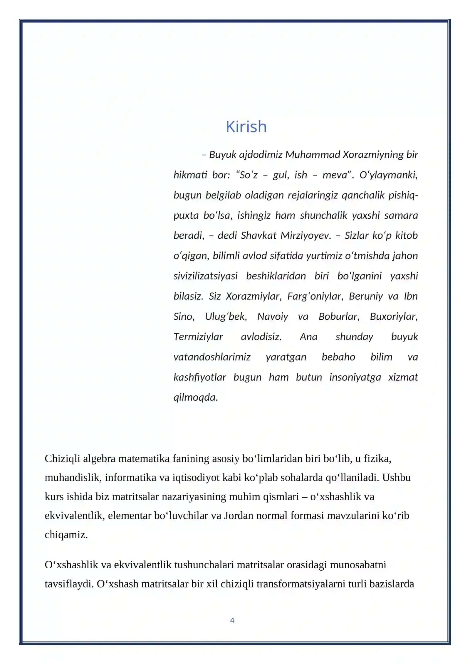 O‘xshashlik va ekvivalеntlik. Elеmеntar bo‘luvchilar. Matritsaning Jordan normal formasi. 4