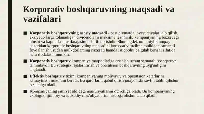 Korporativ boshqaruvning maqsadi,ahamiyati 4