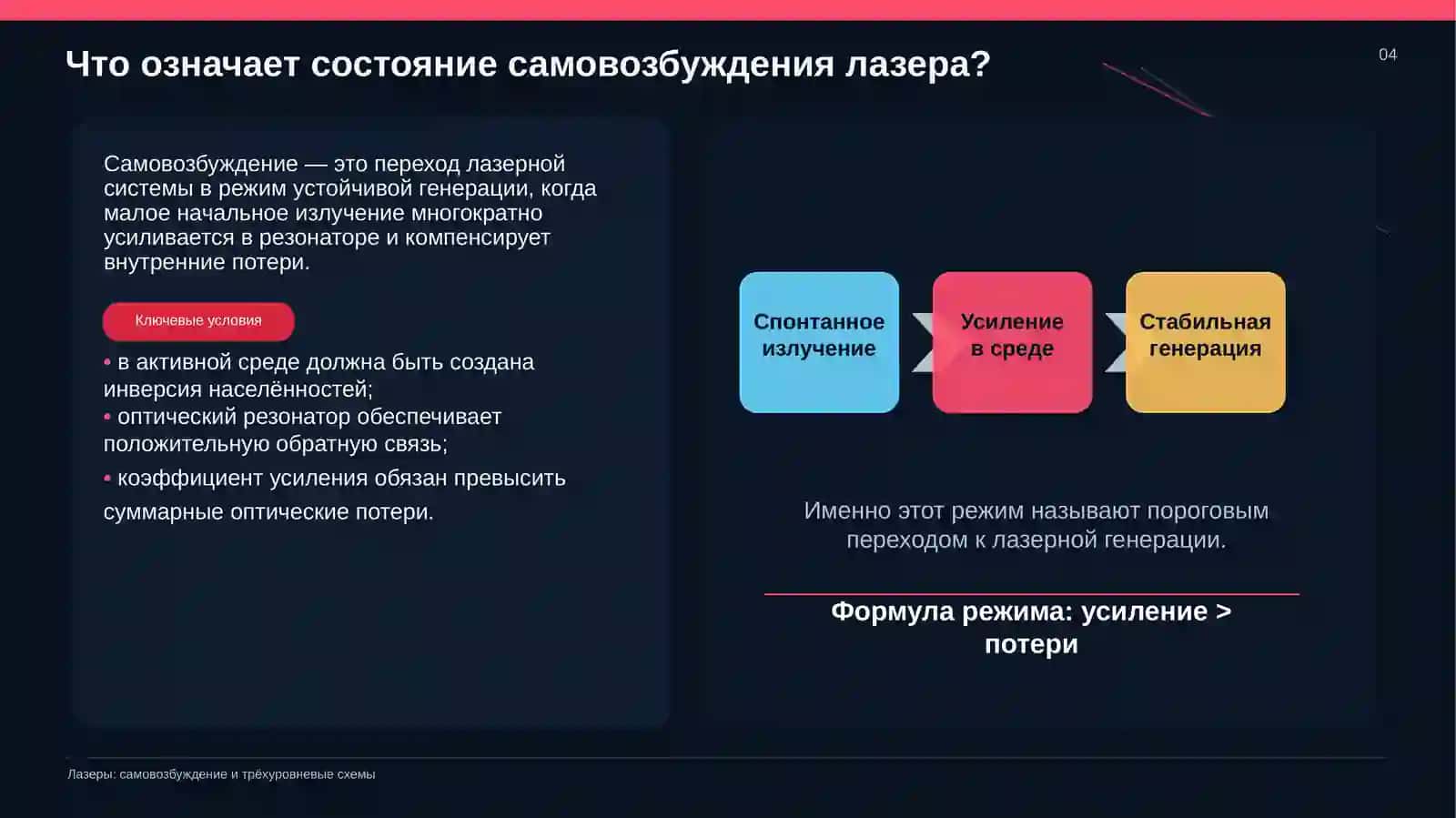 Лазеры: самовозбуждение и трёхуровневые схемы 4