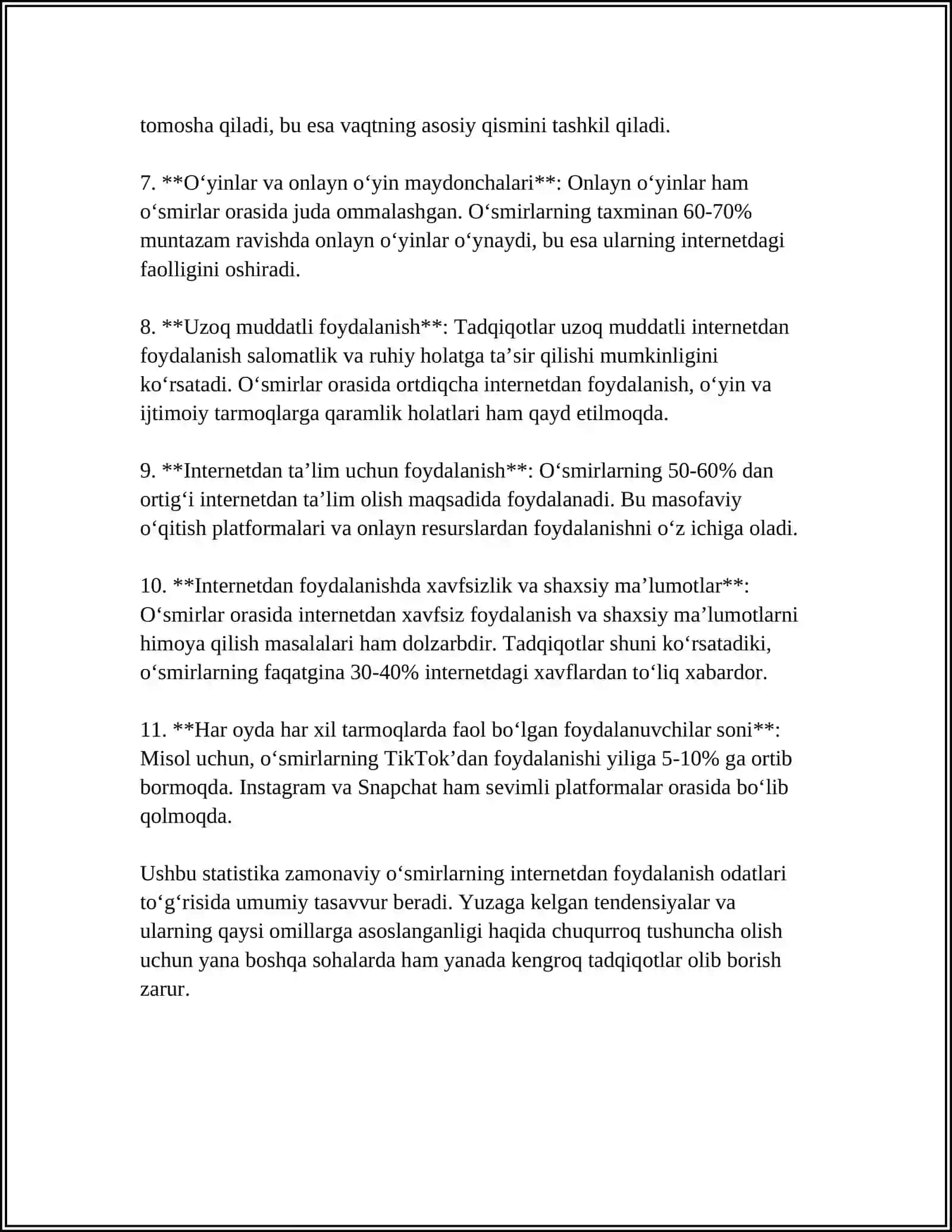 ZAMONAVIY OʻSMIRLAR VA INTERNETGA TOBELIK REFERAT 4