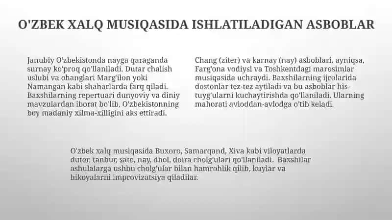 Oʻzbek xalq baxshilari haqida ma'lumotga ega boʻlish 4
