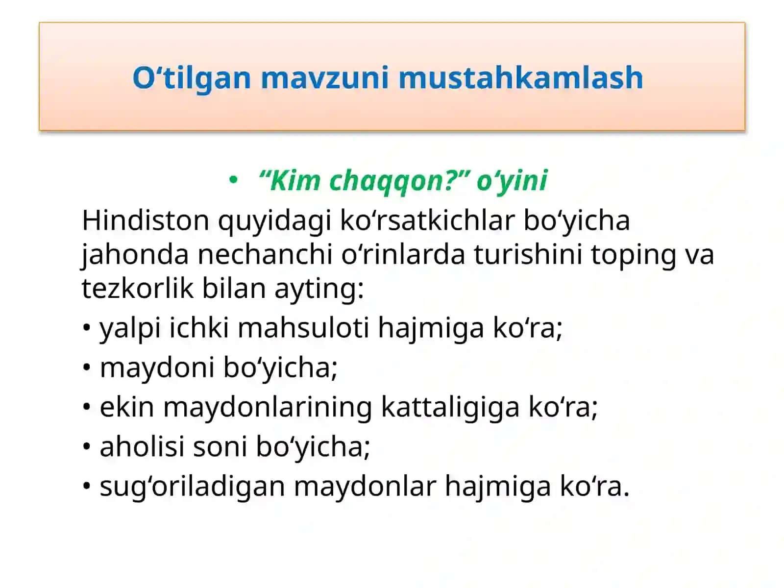 O‘tilgan mavzu mustahkamlash 4