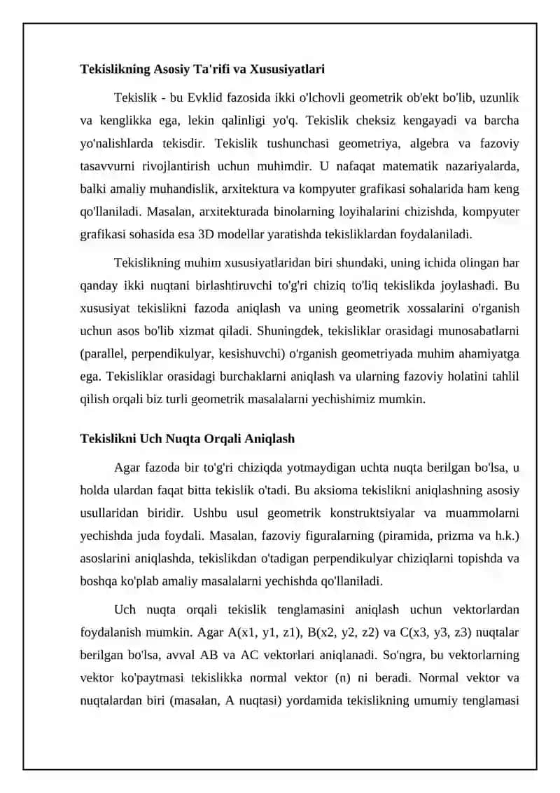 Mavzu: Tekislik tushunchasi va tekislikning berilish usullari 4