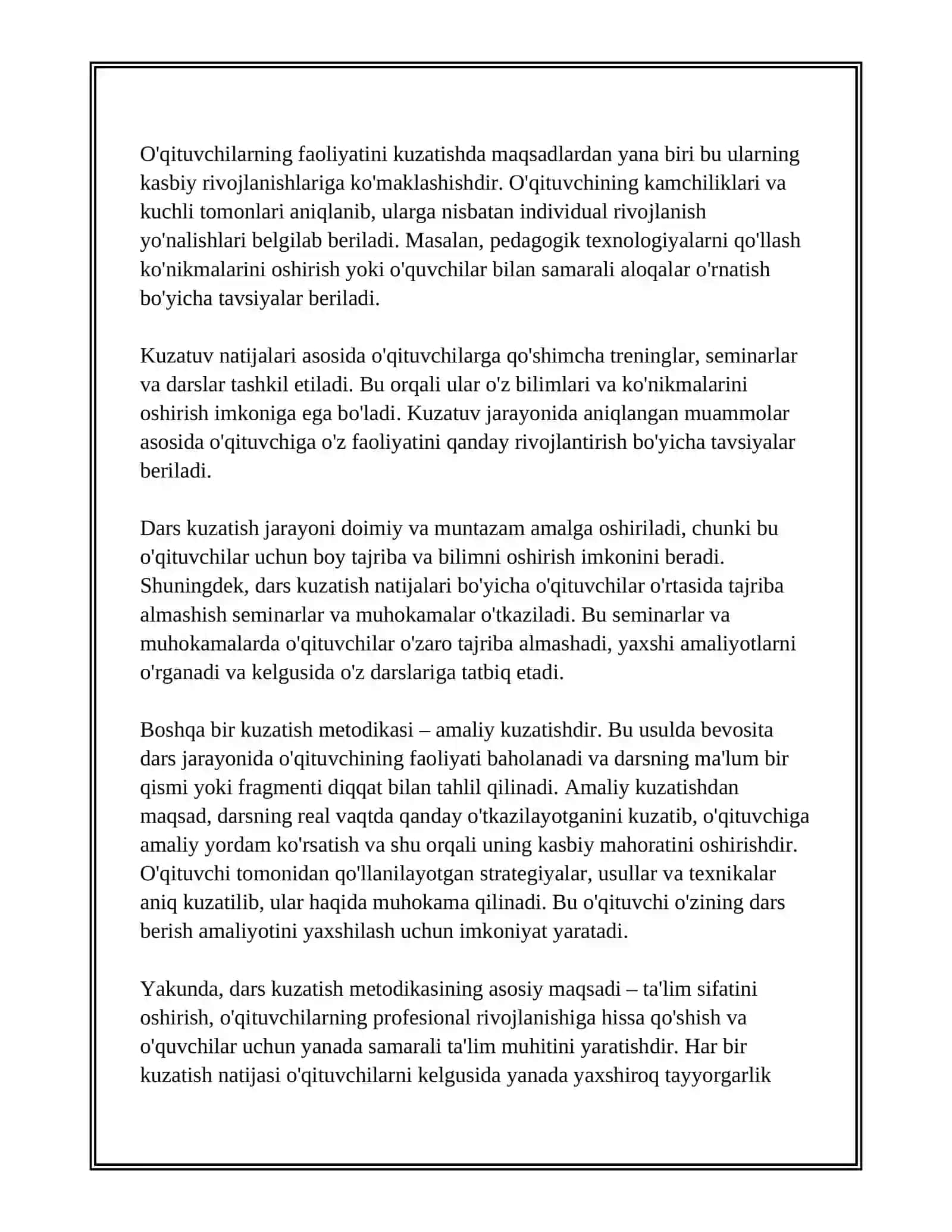 FAKULTET ( O'RTA MAKTAB, AKADEMIK LITSEY, KASB-HUNAR KOLLEJI) O'QITUVCHILARNING DARSLARINI KUZATISH VA DARS FRAGMENTINI YARATISH 4