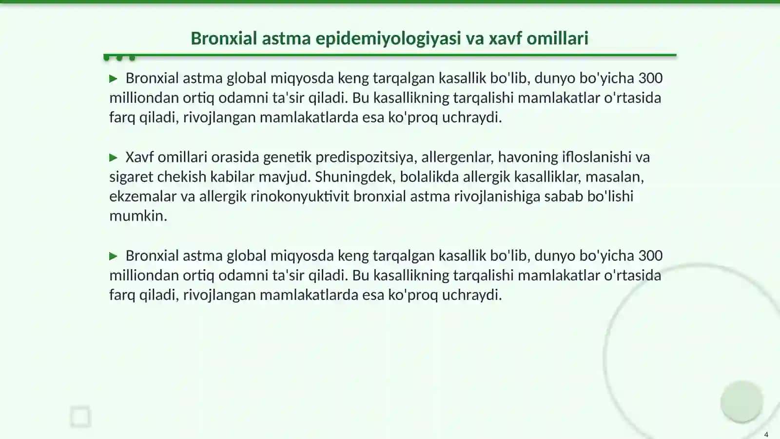 Bronxial astma. Klinika, hamshiralik jarayoni. profilaktika va reabilitatsiya. Bronxial astma xurujida 1-yordam Pikfloumetriya o'tkazish texnikasi 4