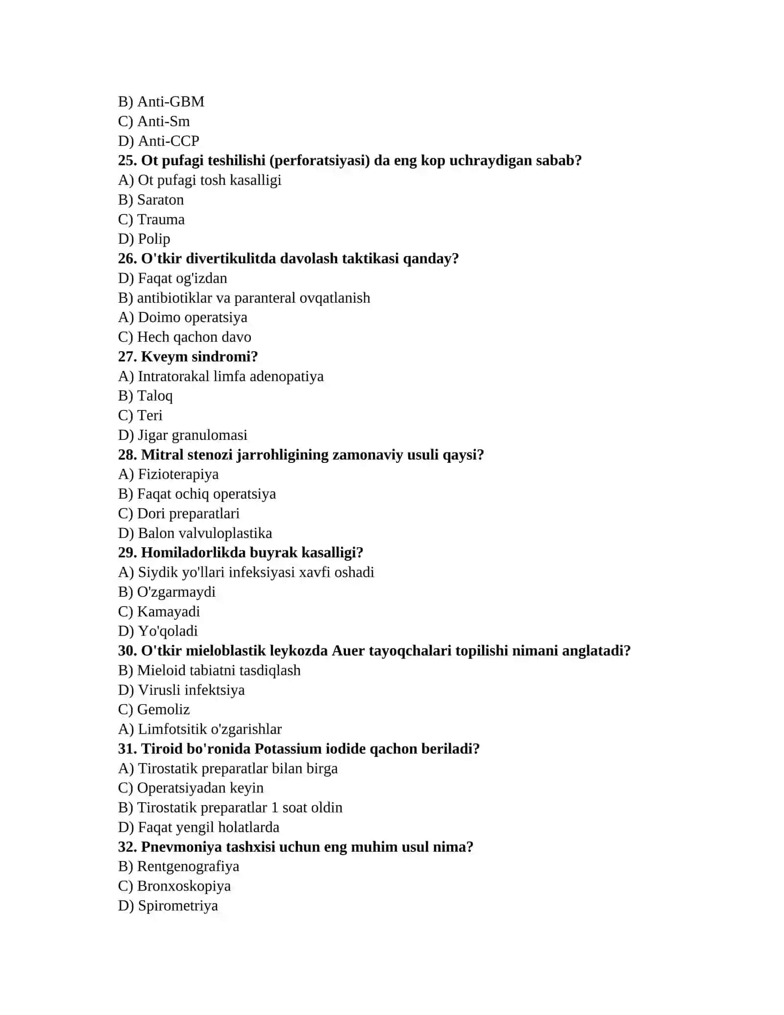 Tibbiy savollar: TAYYORGARLIK TEST TO'PLAMI 4