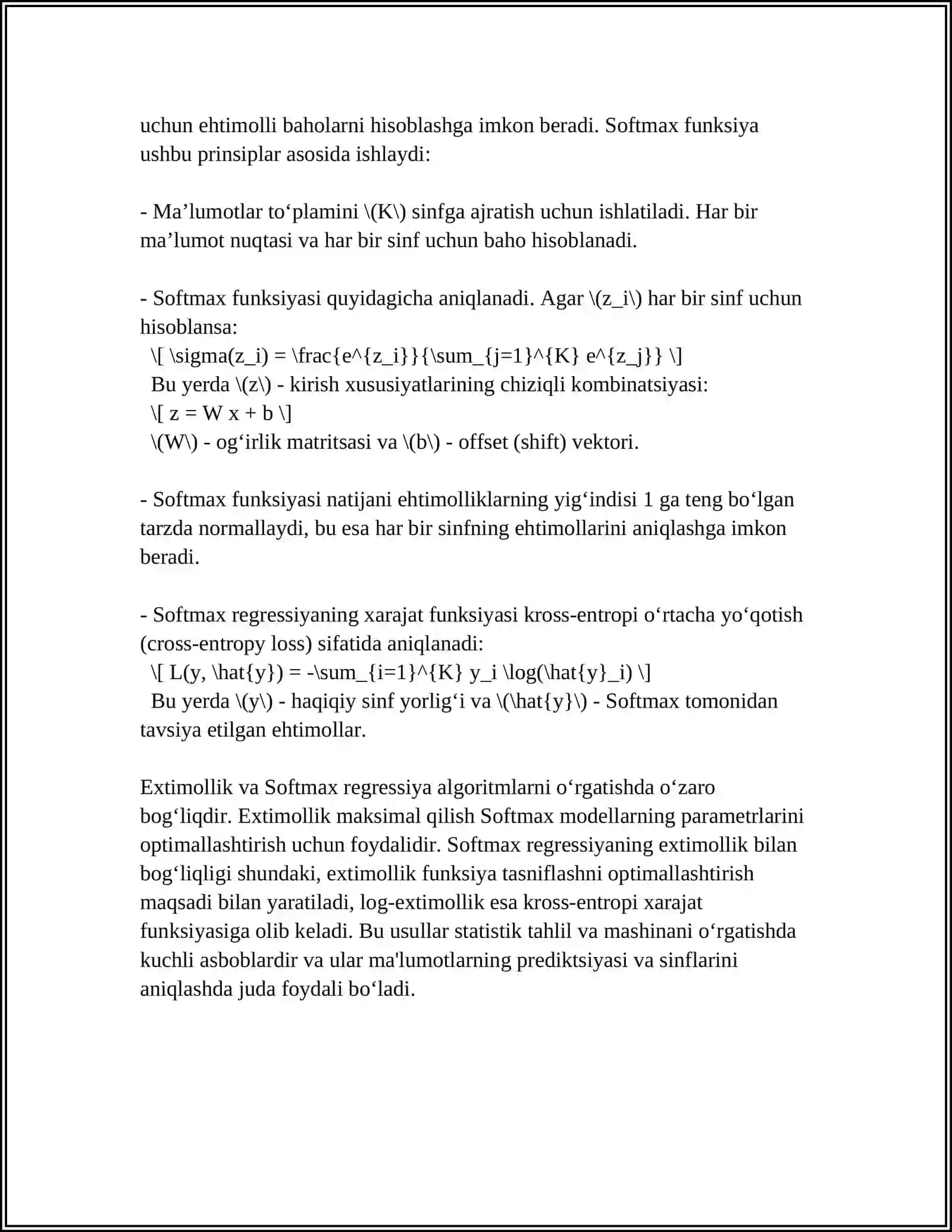 EXTIMOLLIK VA SOFTMAX REGRESSIYA FUNKTSIYASI 4