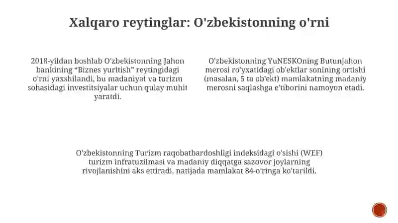 O'zbekiston madaniy hayotidagi o'zgarishlarning xalqaro reytingdagi aksi 4