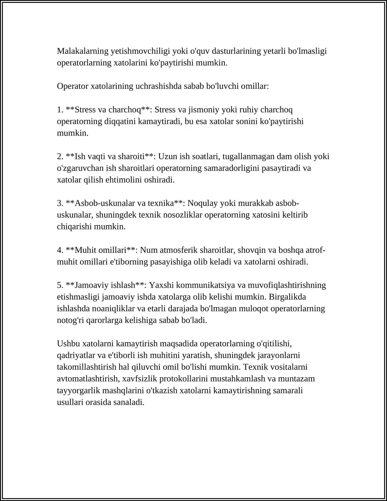 OPERATOR XATOSI VA ULARNING OLDINI OLISH BO'YICHA CHORALAR 4
