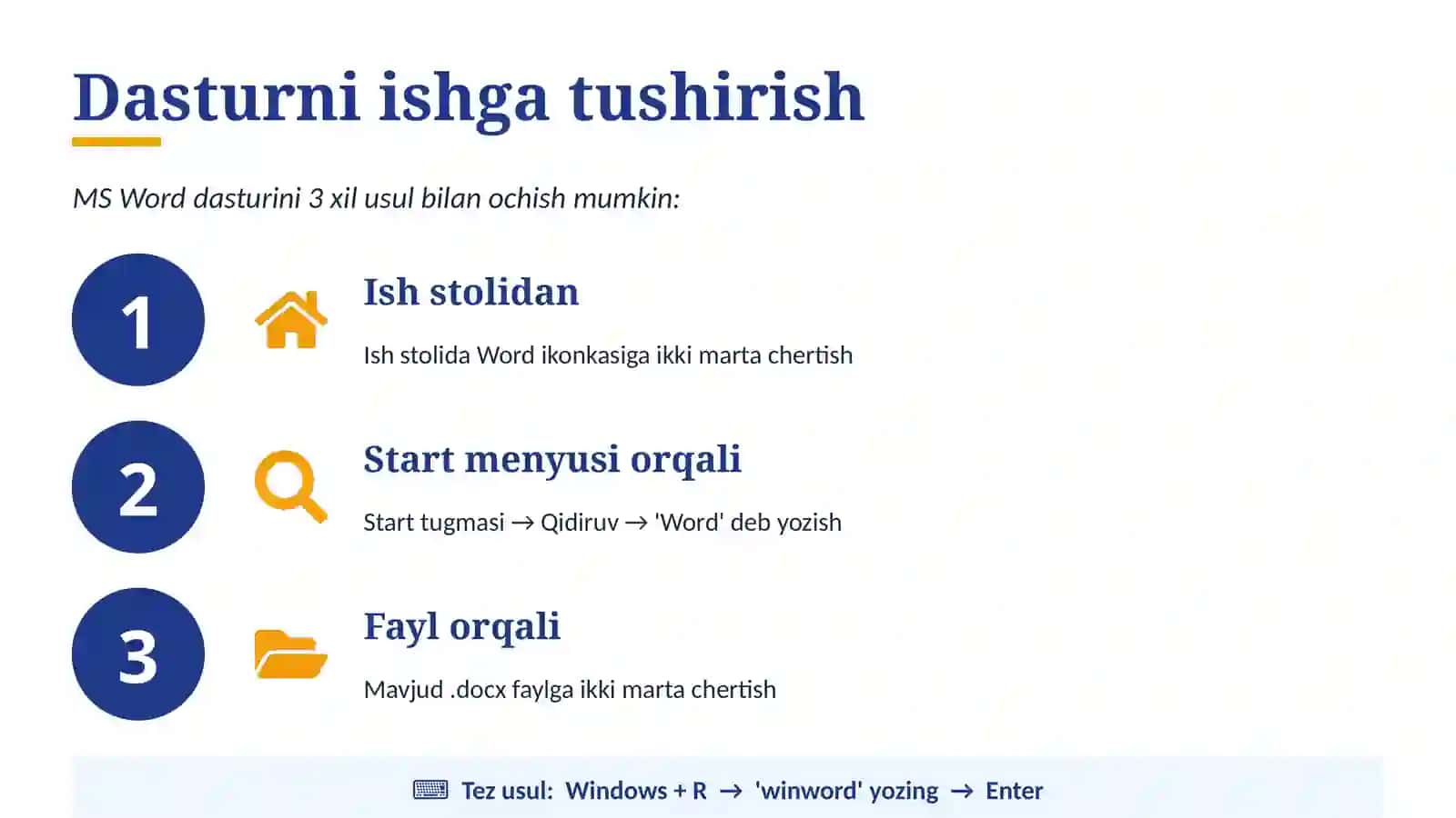 MS Wordda dasturi bilan tanishuv, hujjat va uning asosiy parametrlari. 4