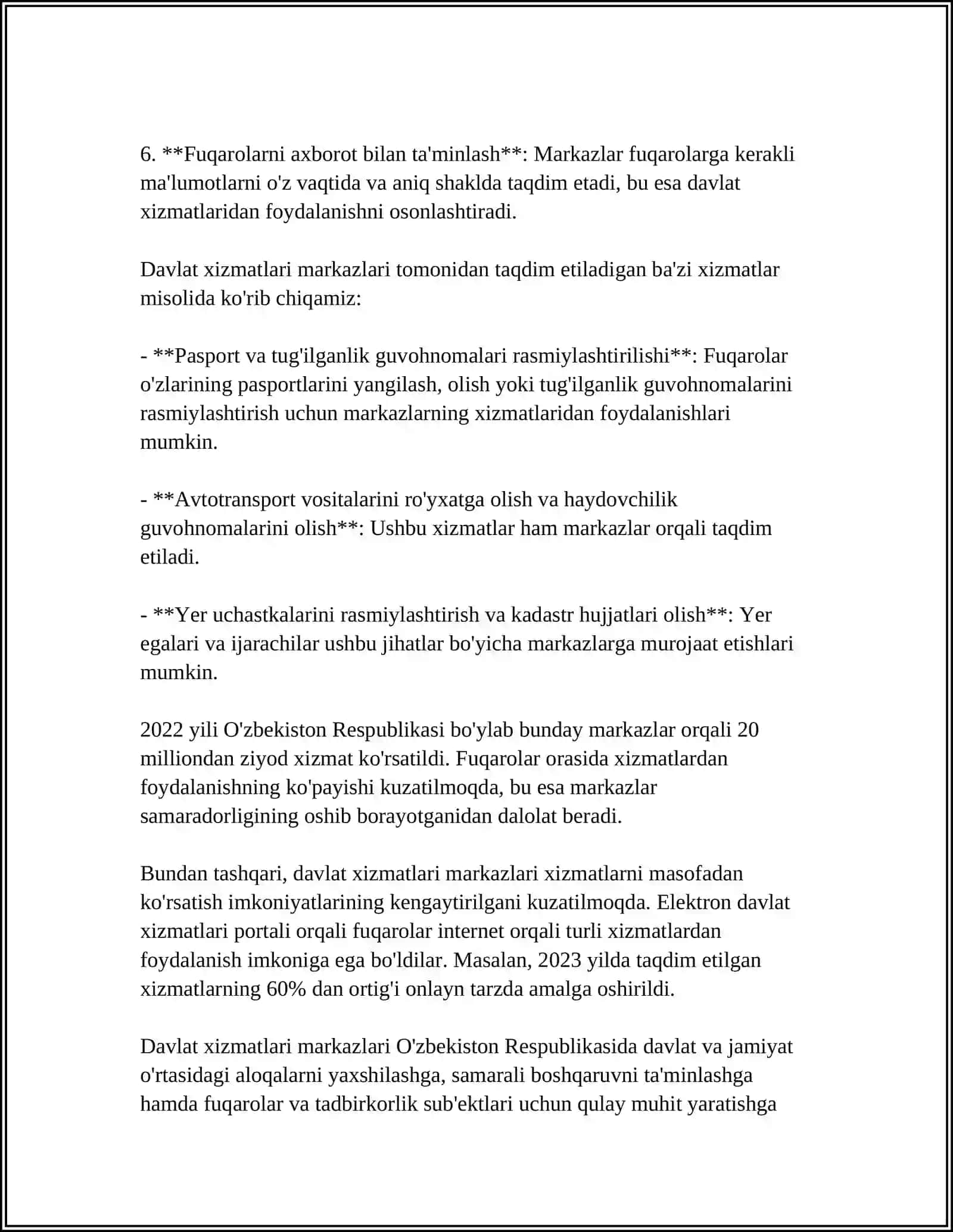 DAVLAT XIZMATLARI MARKAZI ISH FAOLIYATI, XIZMAT TURLARI VA BAJARADIGAN VAZIFALARI HAQIDA TO’LIQ MA’LUMOT 4