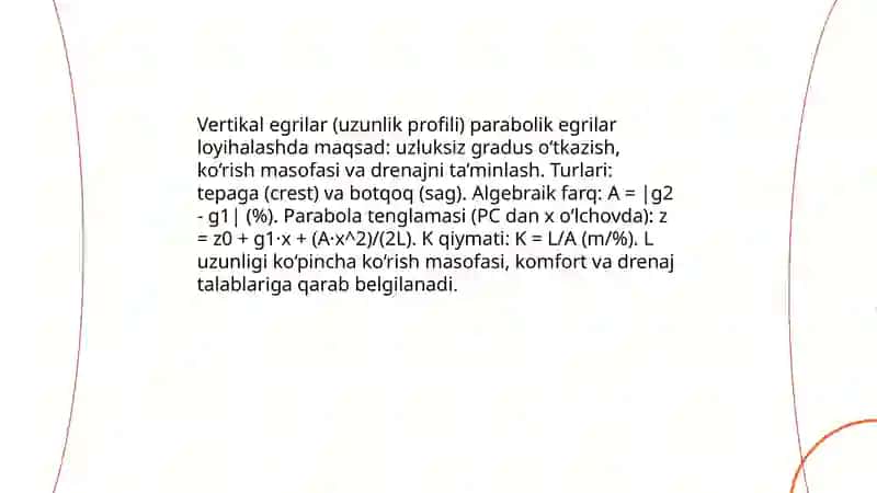 Yo‘l egriliklari va egrilarni batafsil rejalash 4