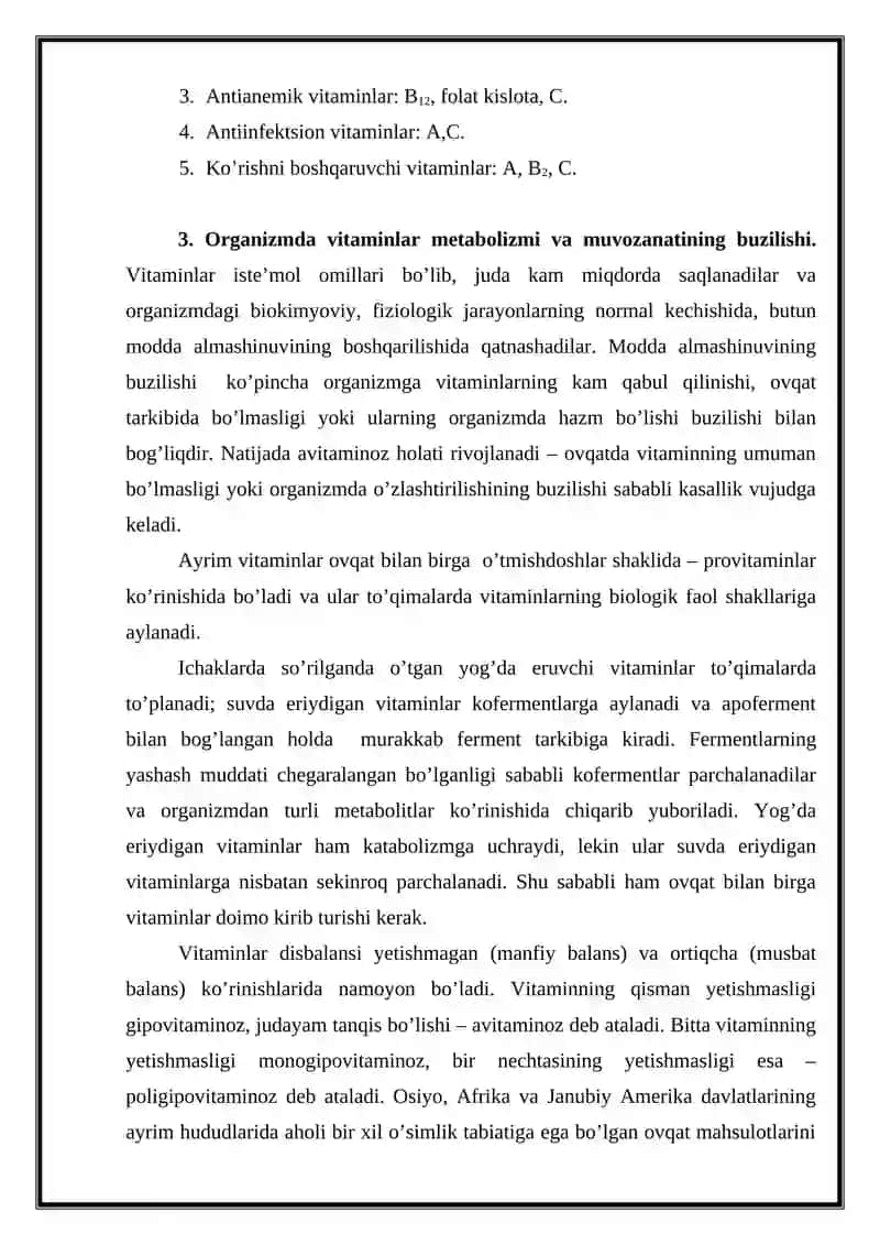 Vitaminlarning metabolizmi va ekskretsionalanishi 4