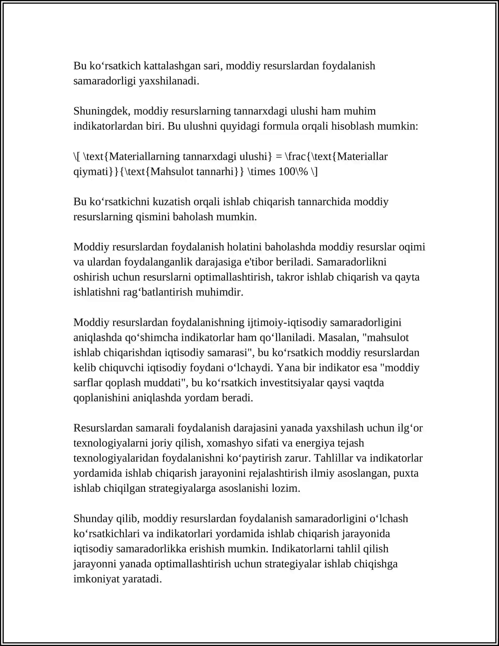 MODDIY RESURSLARDAN FOYDALANISH SAMARADORLIGI VA ULARNI ISHLAB CHIQARISH HAJMIGA TA’SIRINI TAHLILI 4