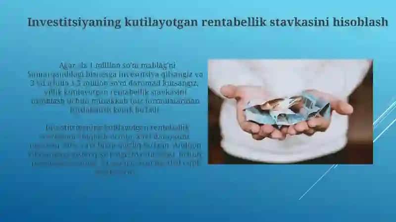 Investitsiyaning kutilgan daromad stavkasini hisoblang 4
