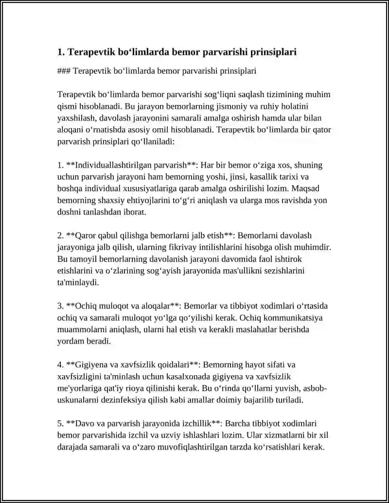 TERAPEVTIK BEMORLARNI PARVARISH QILISH DAVOLASH MUASSASALARINING ISHINI TASHKIL ETISH. BEMORLAR UMUMIY PARVARISHINING MOHIYATI REFERAT 4