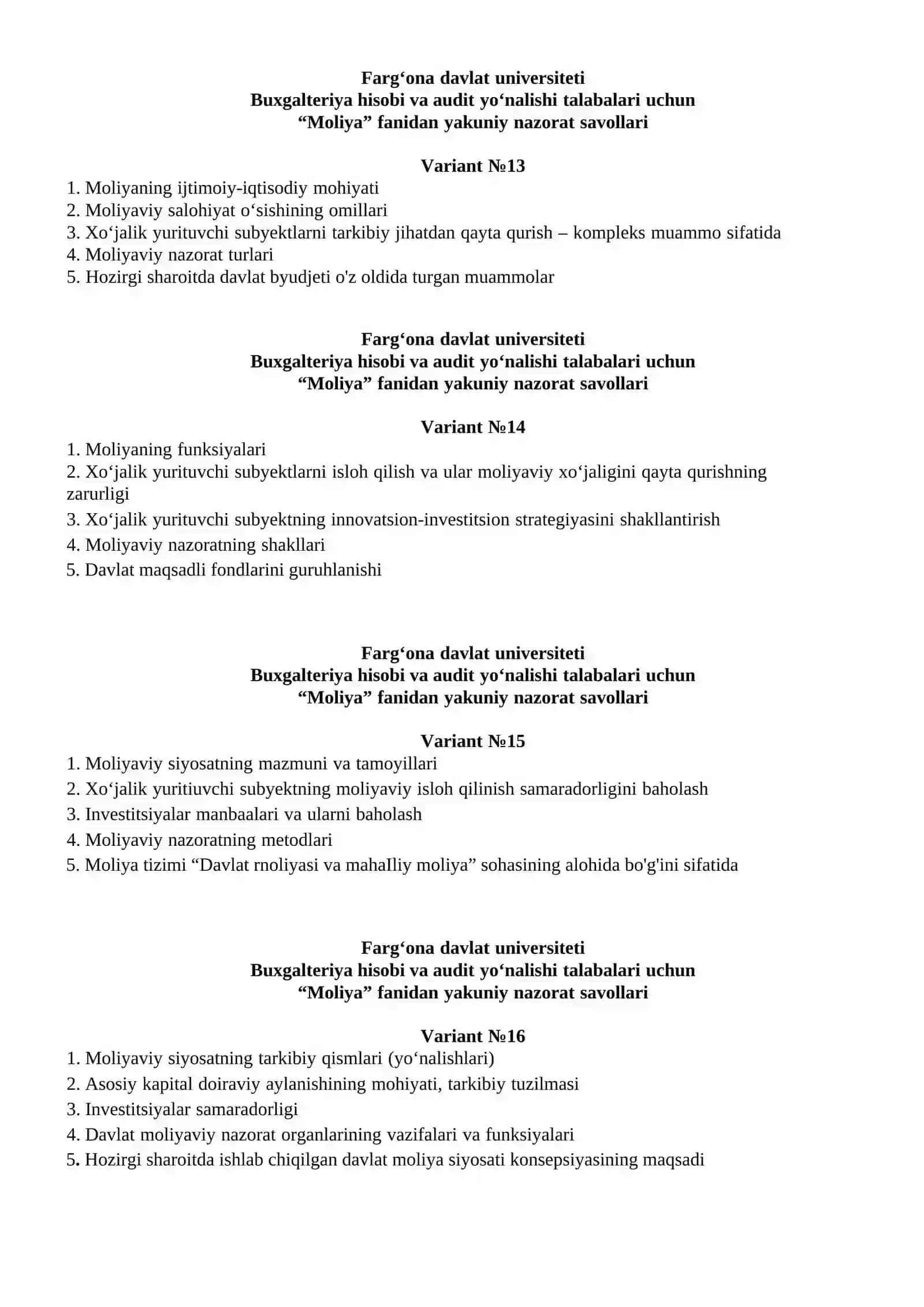 Moliya fanidan yakuniy nazorat savollari 4
