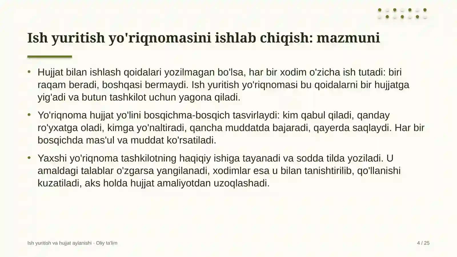 Ish yuritish va hujjat aylanishi · Oliy ta'lim 4