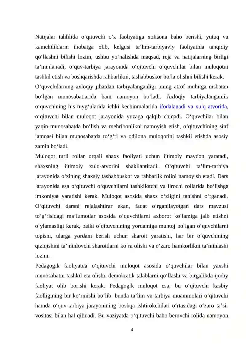 BOSHLANG’ICH SINF O’QITUVCHISI BILAN O’QUVCHILARINING MUOMILASI 4