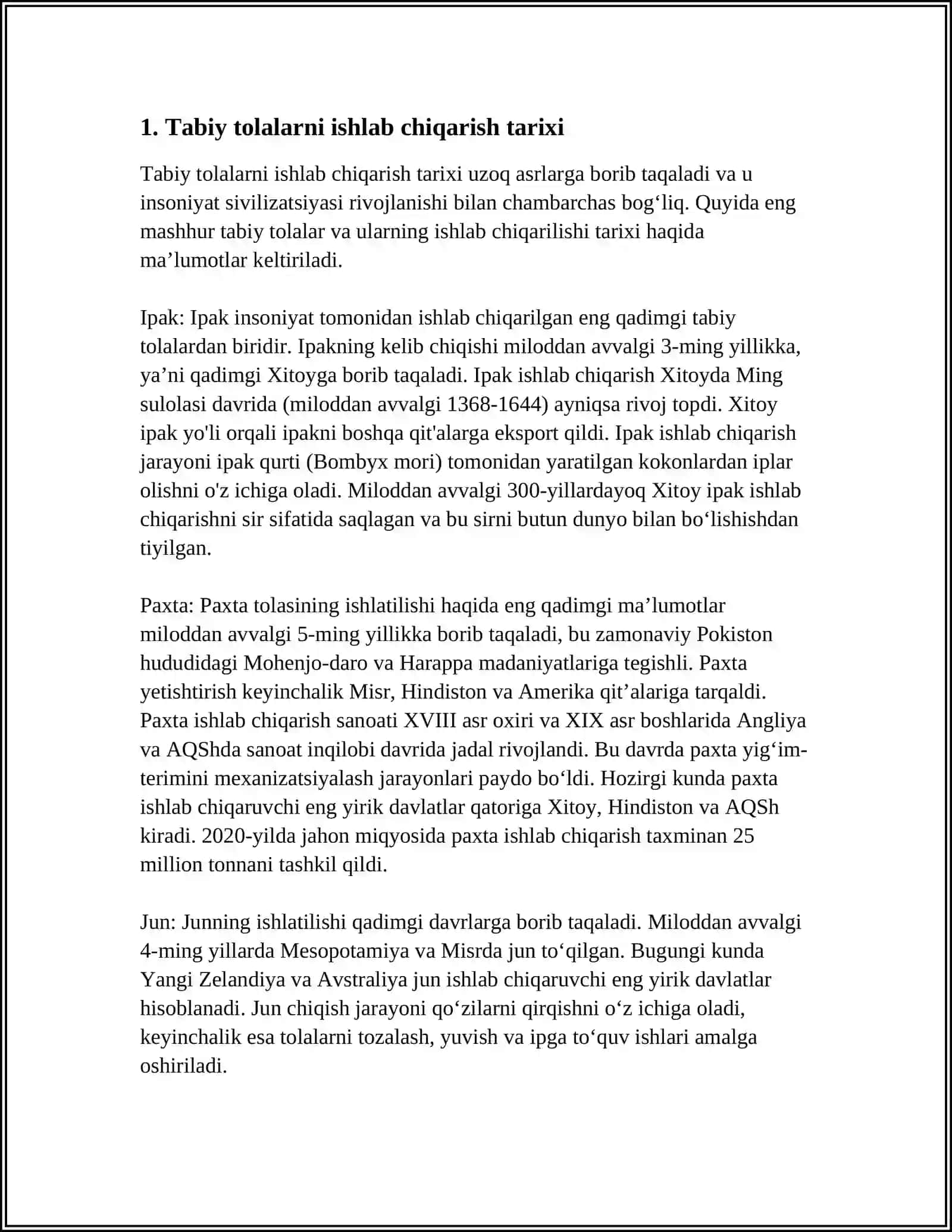 TABIIY TOLANI DASTLABKI ISHLASH TEXNOLOGIYASI MUSTAQIL ISH 4