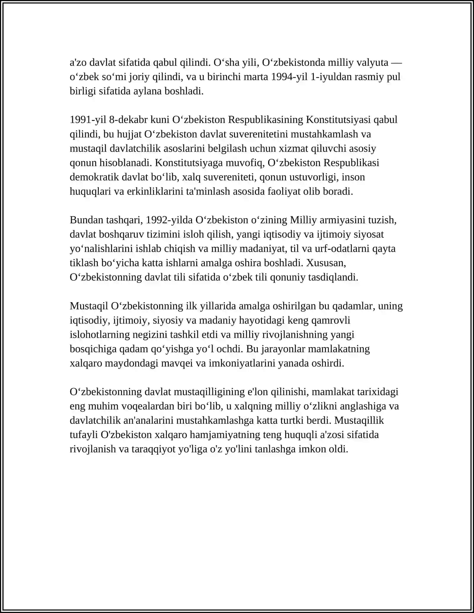 OʻZBEKISTONNING ENG YANGI TARIXI MAVZUSIDA MUSTAQIL ISH 4