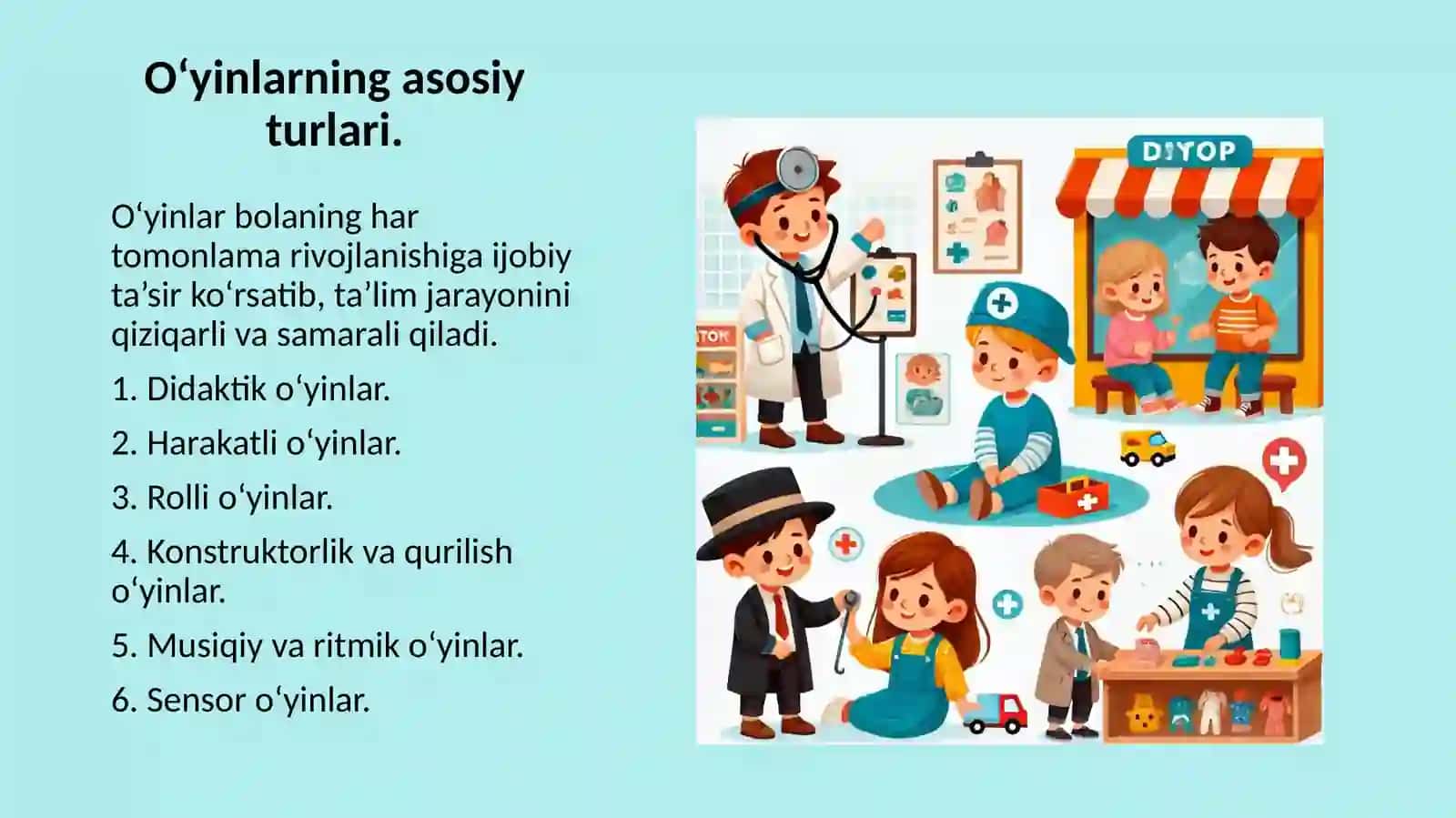 Maktabgacha ta’lim tashkilotlarida o‘yin turlari. slayd 4