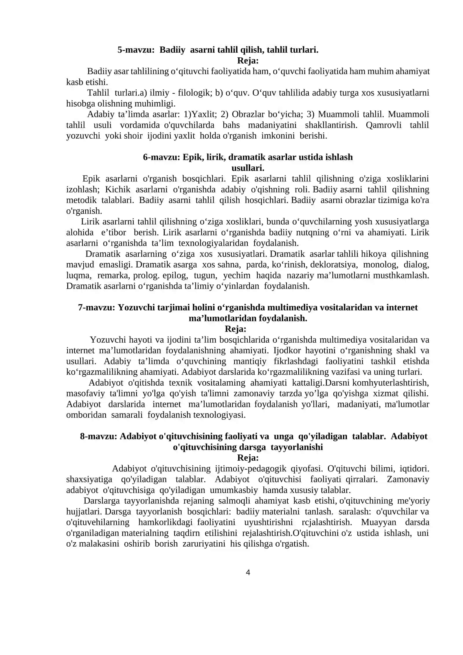 O‘ZBEK ADABIYOTINI O‘QITISH METODIKASI 4