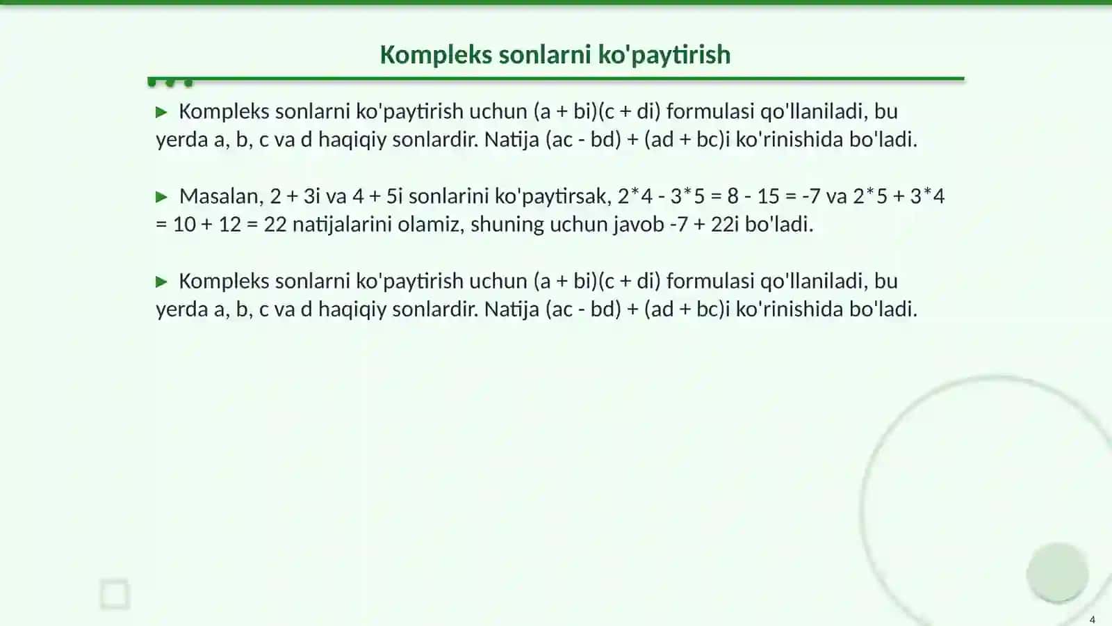 Kompleks sonlarni ko'paytirish va bo'lish 4
