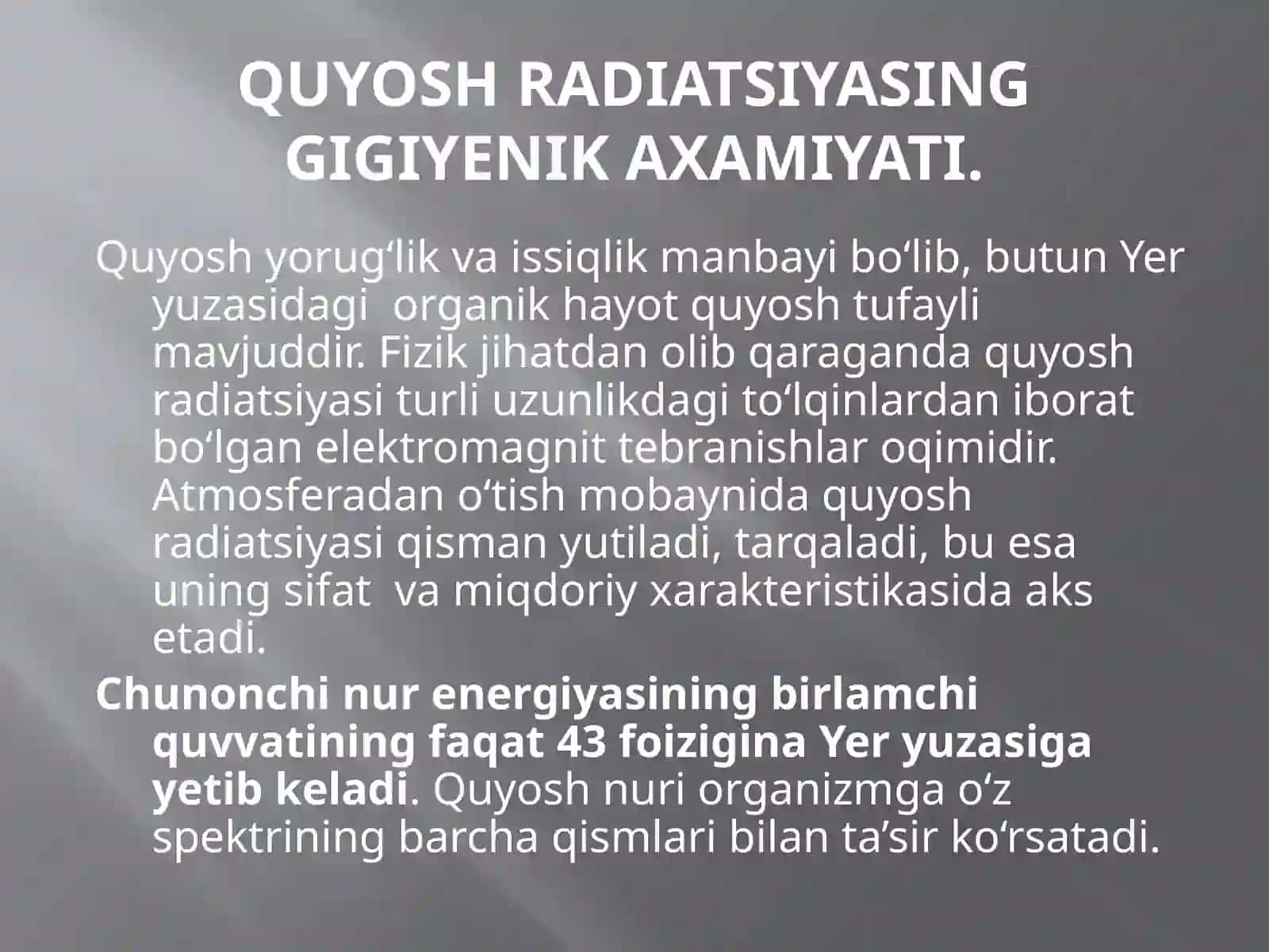 Quyosh radiatsiyasining gigienik ahamiyati 4