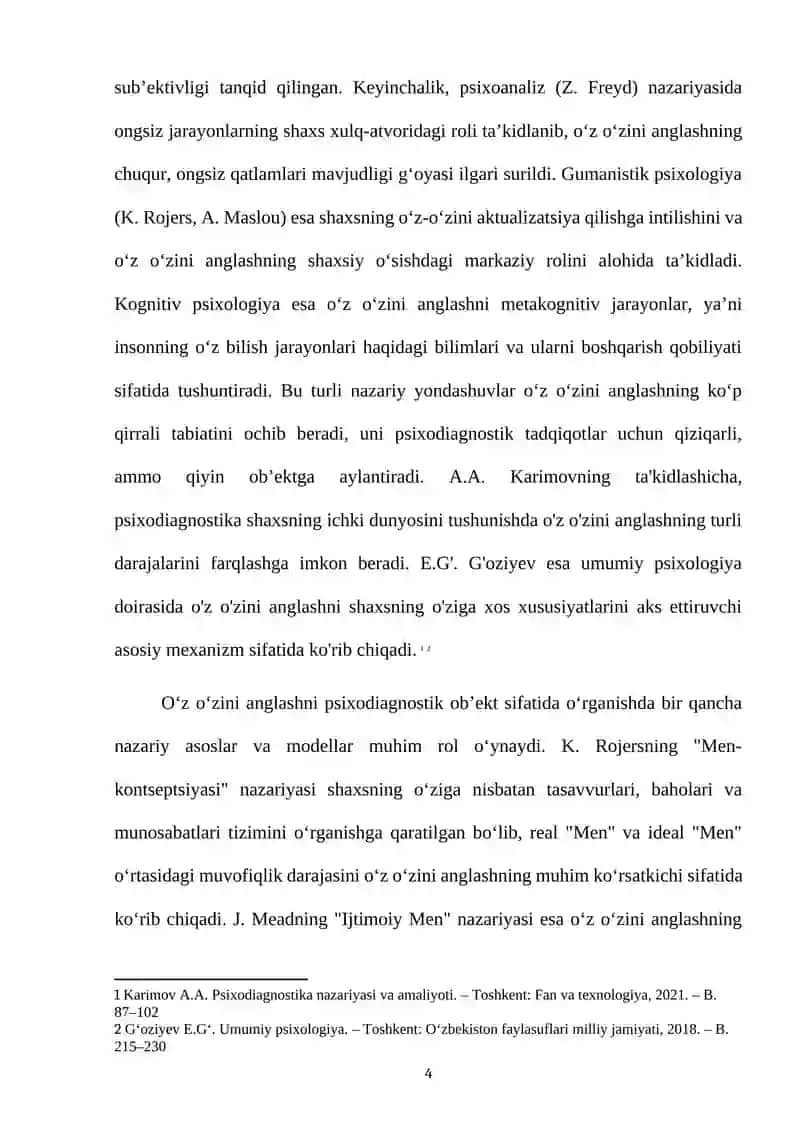 O'z O'zini Anglashning Nazariy Asoslari va Psixodiagnostik Yondashuvlar 4