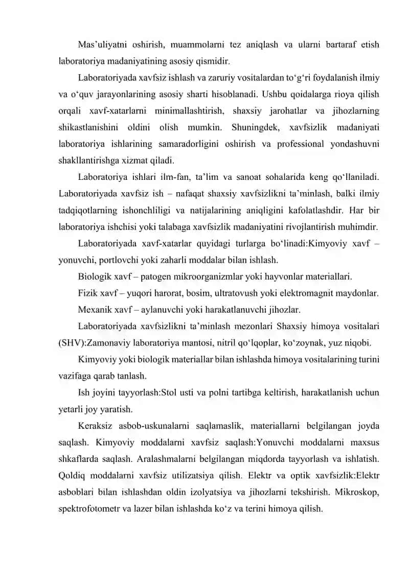 LABORATORYADA XAVFSIZ ISHLASH, ZARURIY VOSITALARDAN FOYDALANISH TALABLARI 4