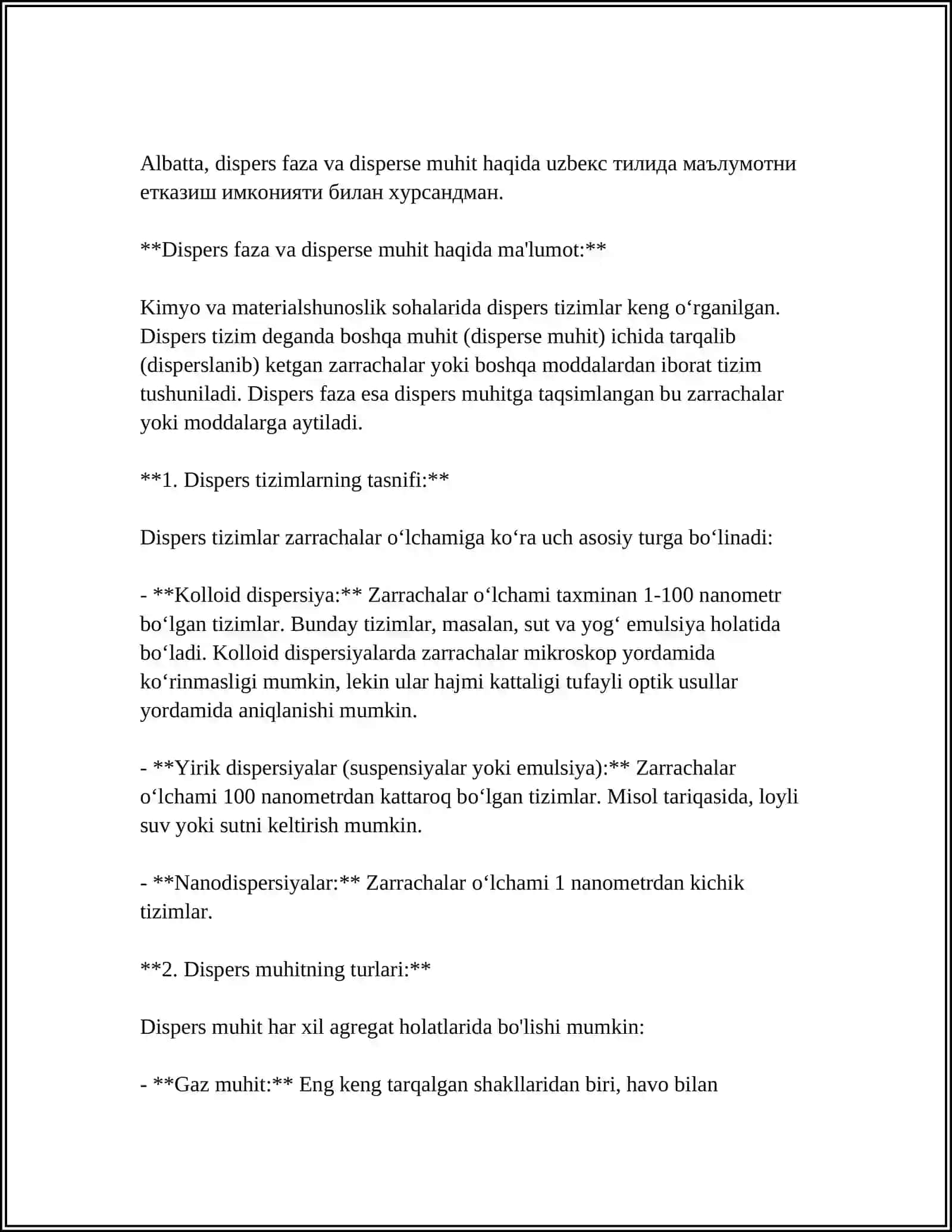 MUSTAQIL ISH Mavzu: DISPERS SISTEMALAR 4