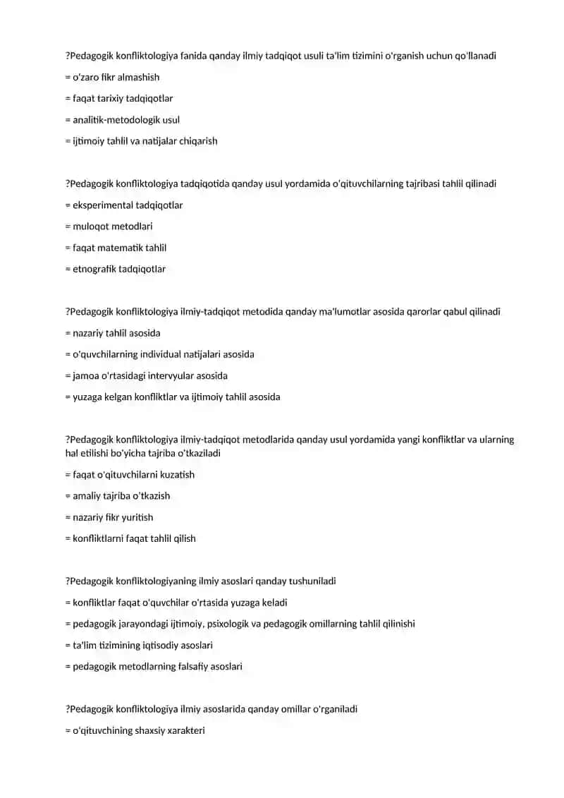PEDAGOGICAL CONFLICTOLOGY _PRI, PRE (UZB) TEST 4