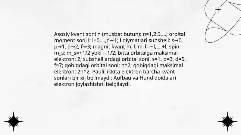 Atomlarning elektron tuzilishi. Kvant sonlarga masalalar yechish 4