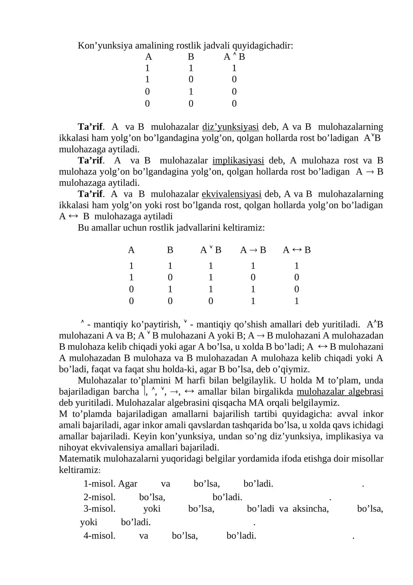 Mulohazalar va ular ustida amallar. Predikatlar, kvantorlar 4