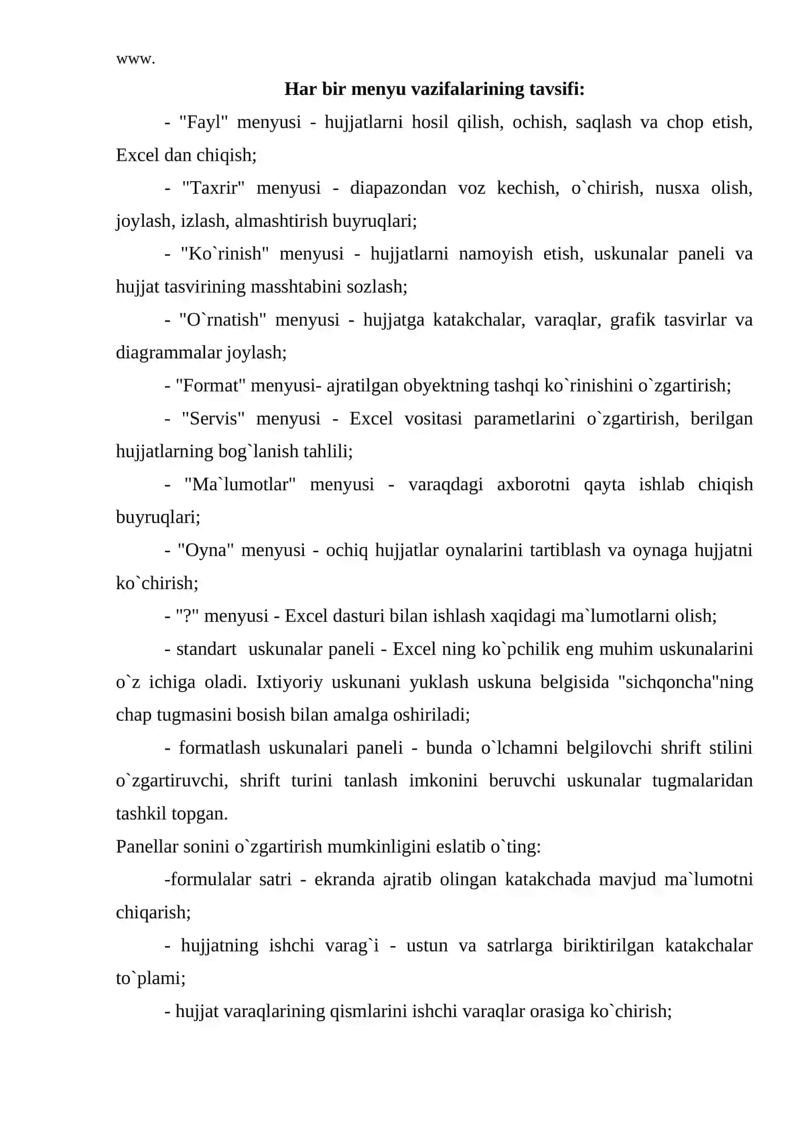 Microsoft Excel imkoniyatlari tavsifi 4