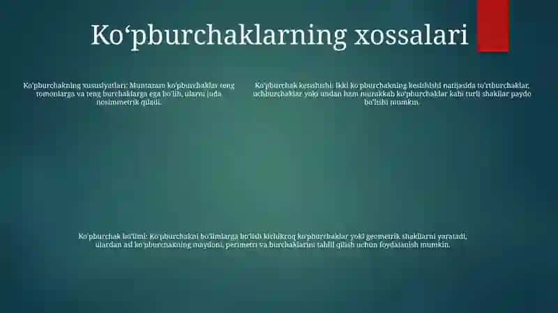 Ko'Pyoqlilar Ularning Turlari Kesimlarini Tasvirlash Oid Masalalar Yechish 4