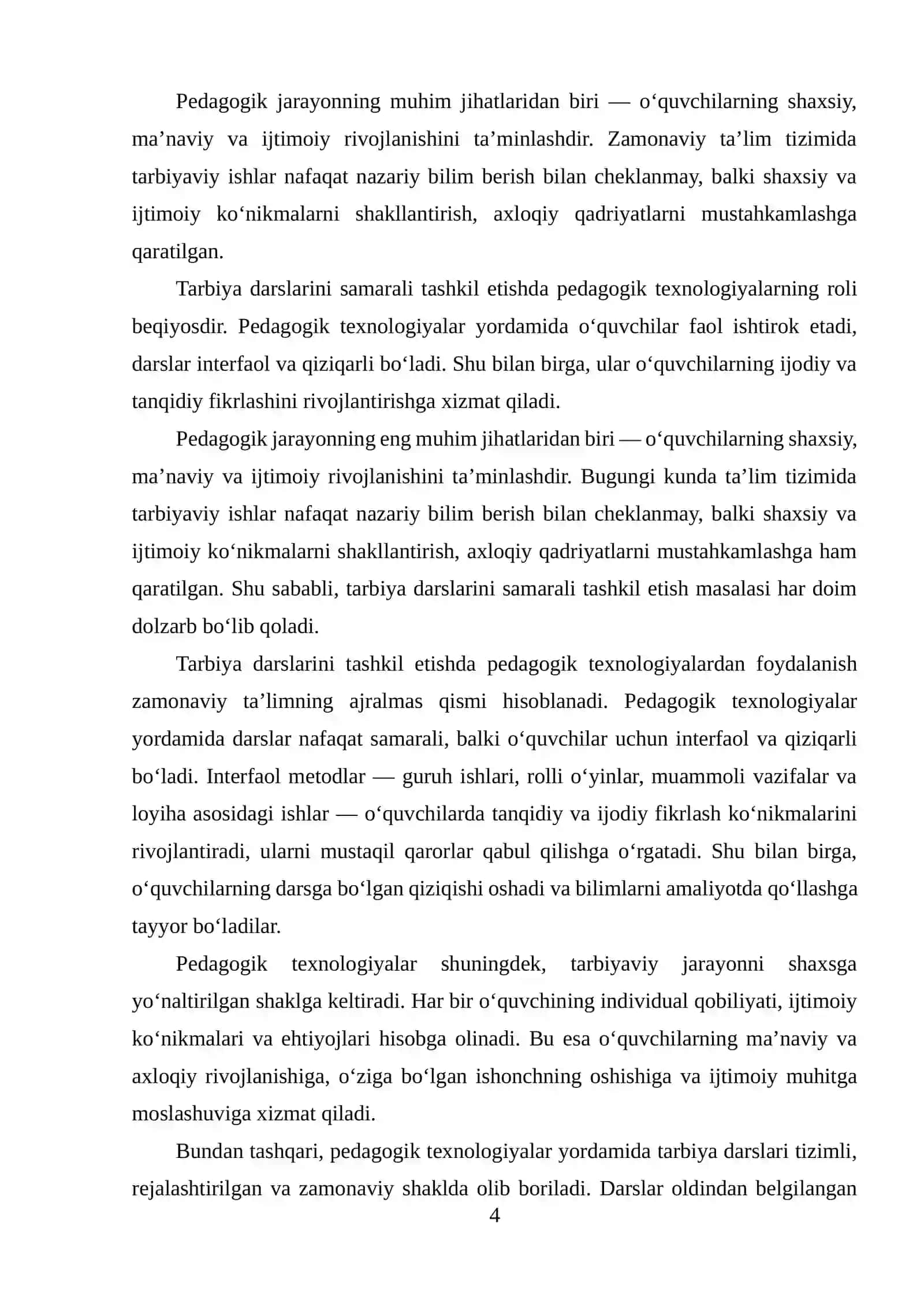 Bob. Tarbiya fanini o'qitishning nazariy asoslari 4