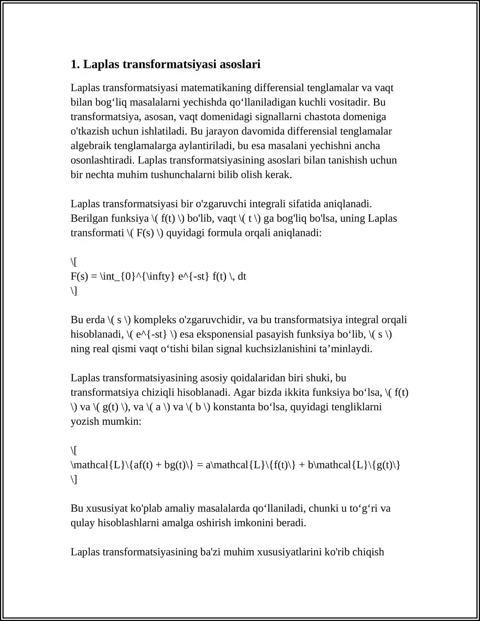 2-TARTIBLI DIFFERENSIAL TENGLAMA MASALASINI MATLABDA LAPLAS TRANSFORMATSIYASI YORDAMIDA YECHISH 4