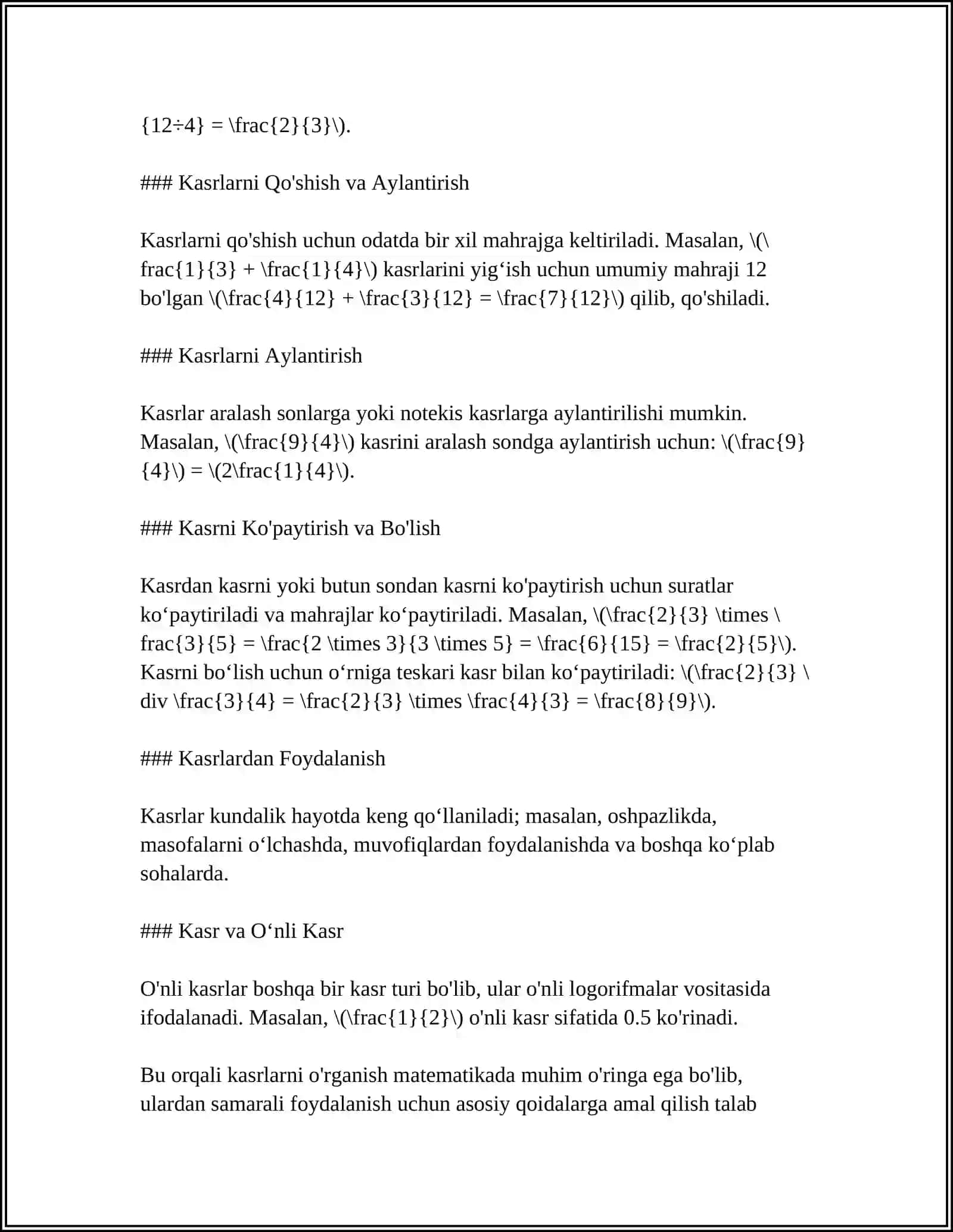 ALGEBRAIK KASRLAR USTIDA AMALLAR 4