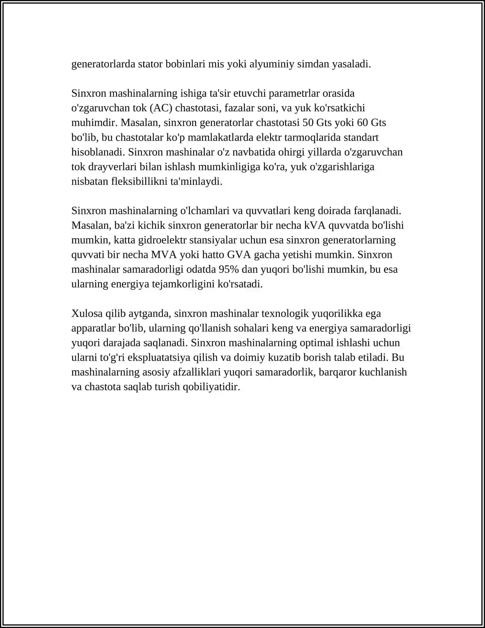 SINXRON MASHINALAR VA ULARNING TURLARI. SINXRON MASHINANING GENERATOR 4